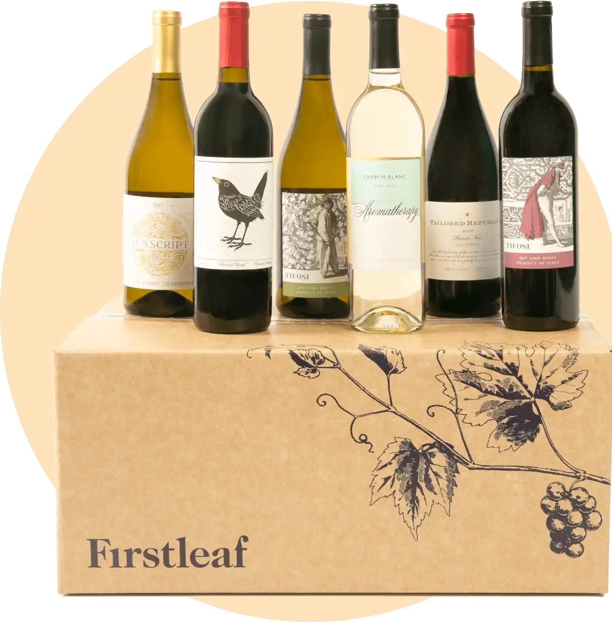 Six bottles of wine on a Firstleaf subscription delivery box