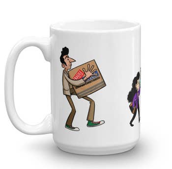 other side of the mug showing kramer holding air conditioner box and elaine holding goldfish bag