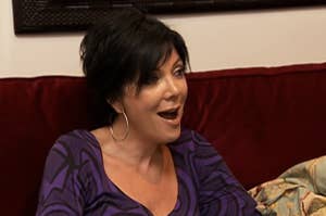 kris jenner in season one of keeping up with the kardashians looking shocked