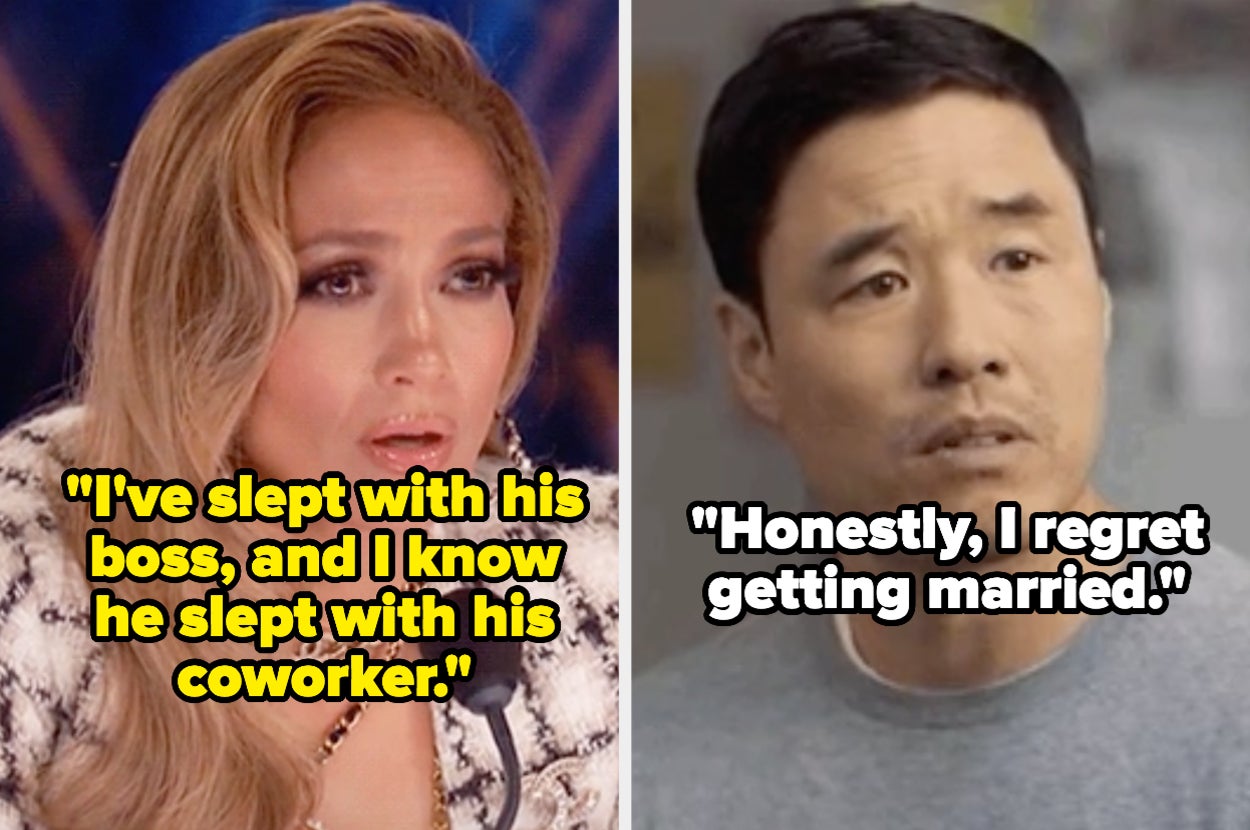 A shocked reaction captioned: "I've slept with his boss, and I know he slept with his coworker" next to a concerned reaction captioned: "Honestly, I regret getting married"