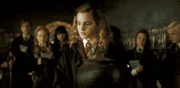 Hermione listing things as the fumes change color to match, but with a moment during a pause where the fumes turn orange