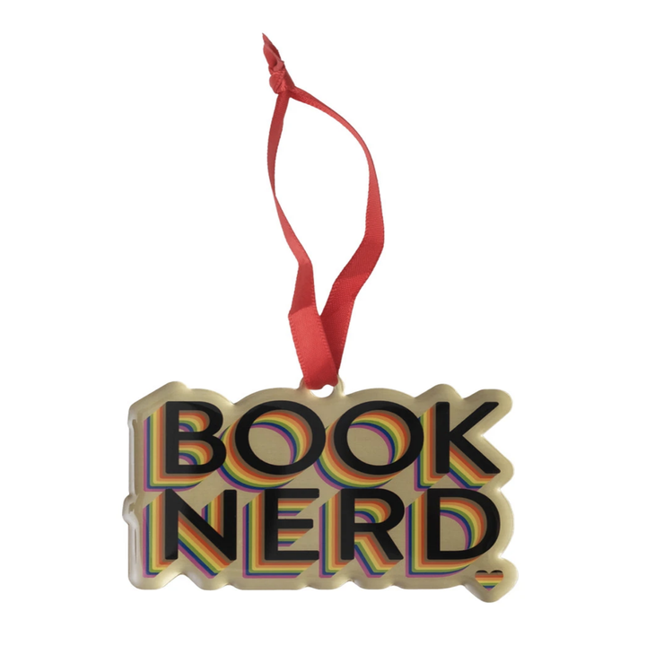 ornament that reads book nerd in rainbow