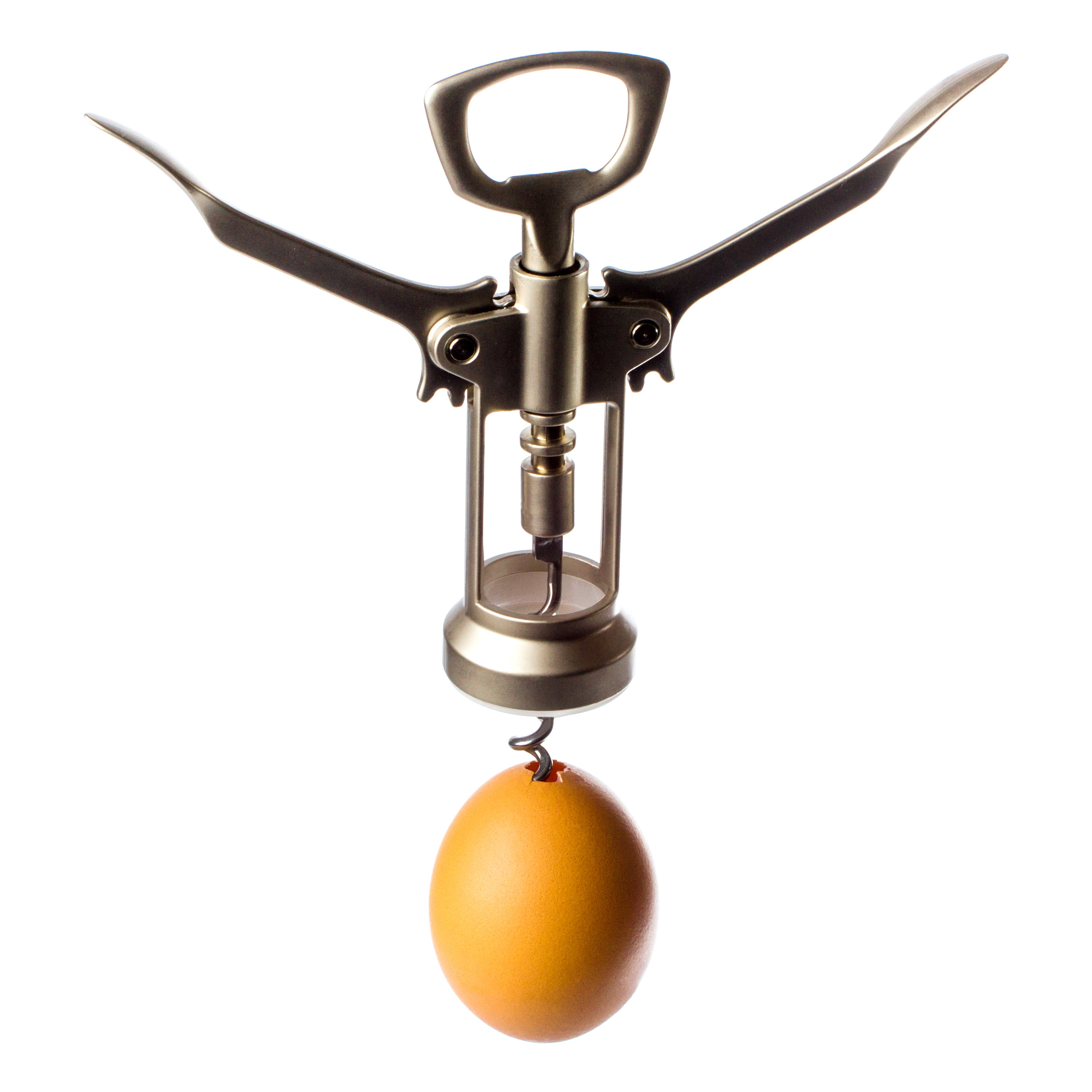 A corkscrew crushing an egg