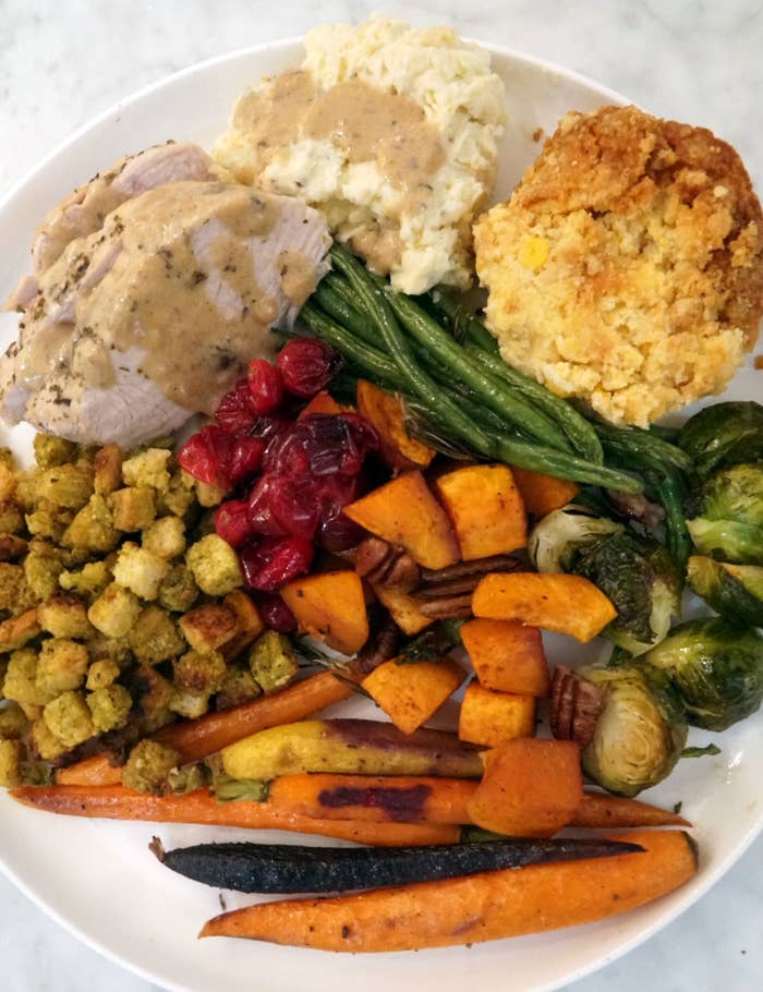 A Thanksgiving dinner plate.