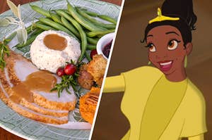 A plate filled with slices of turkey, mashed potatoes, and green beans. And a close up of Princess Tiana as she wears a brightly colored dress 