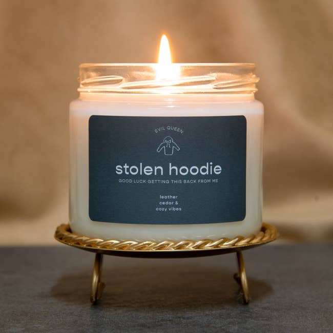 a candle with a label that says 