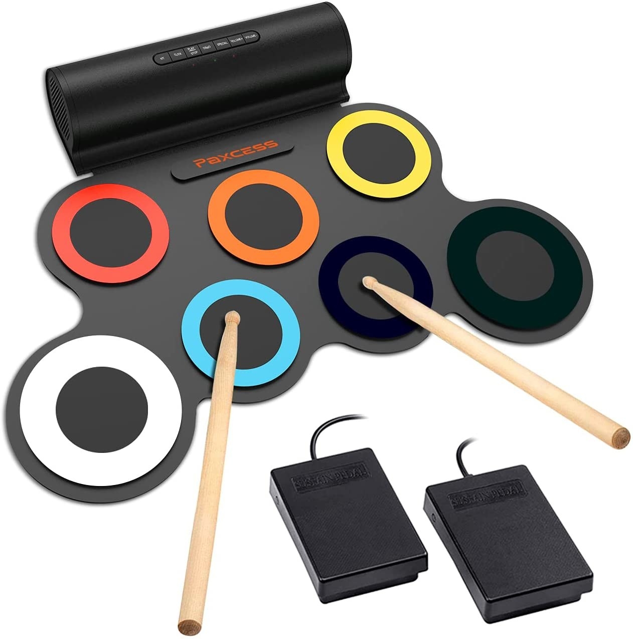 Electronic drum set with brightly colored circles and headphones as well as a pair of drumsticks
