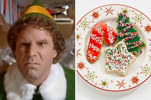 buddy the elf sniffing santa on the left and cookies on the right