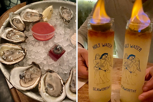on left the oysters and on right the candle votive cocktails 