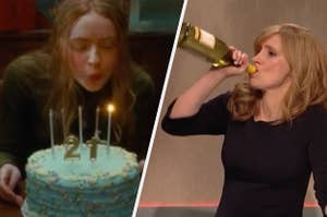 Sadie Sink leans down to blow out candles from a cake and a close up of Jessica Chastain as she drinks straight from a bottle of wine