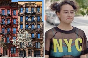 On the left, the exterior of some New York apartments with blooming trees out front, and on the right, Ilana from Broad City wearing a mesh shirt that says NYC