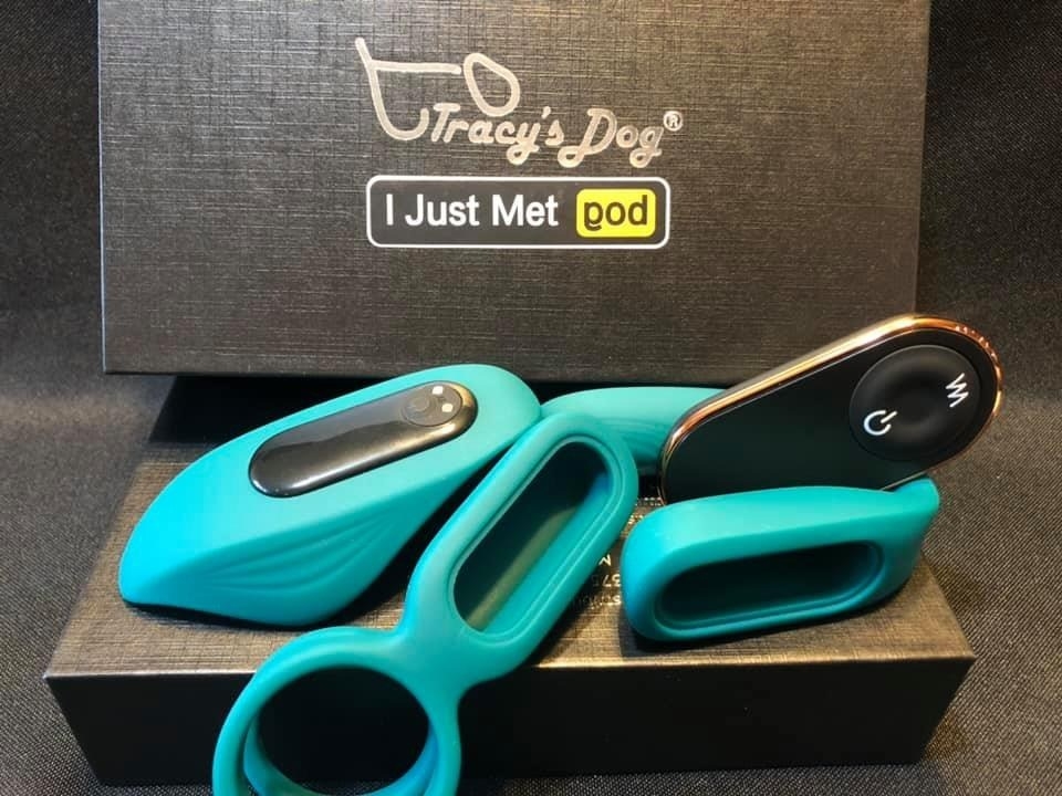 Teal sex toys next to Tracy&#x27;s Dog Box