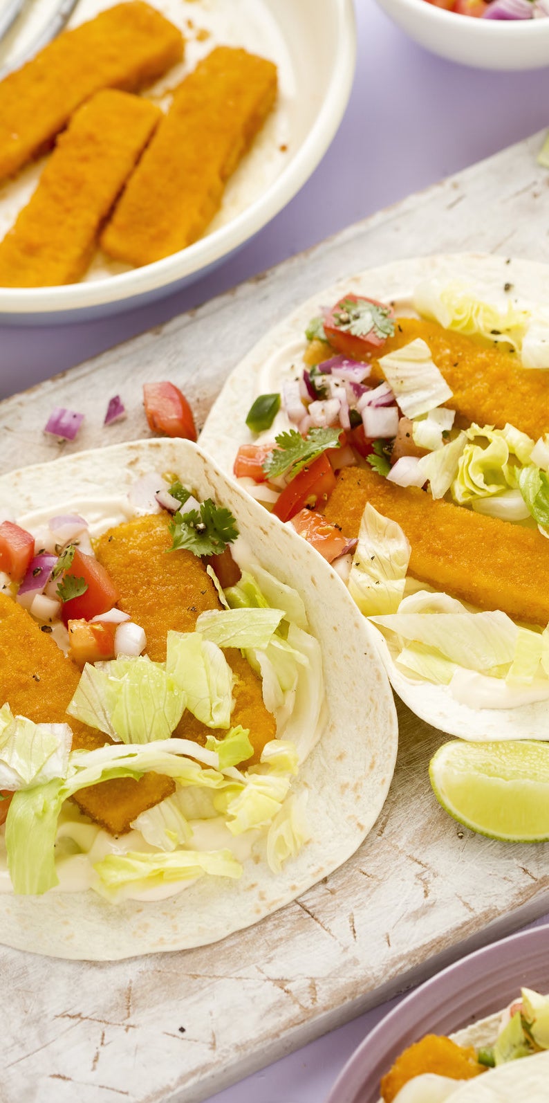 Fish sticks in tortillas.