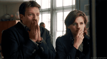 gif of Castle and Beckett from castle looking surprised and castle saying that was awesome