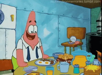 Patrick Star eating breakfast  off a table