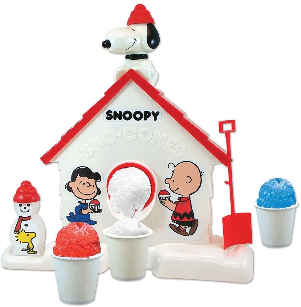 Picture of a Snoopy Sno-Cones maker as it makes a snow cone