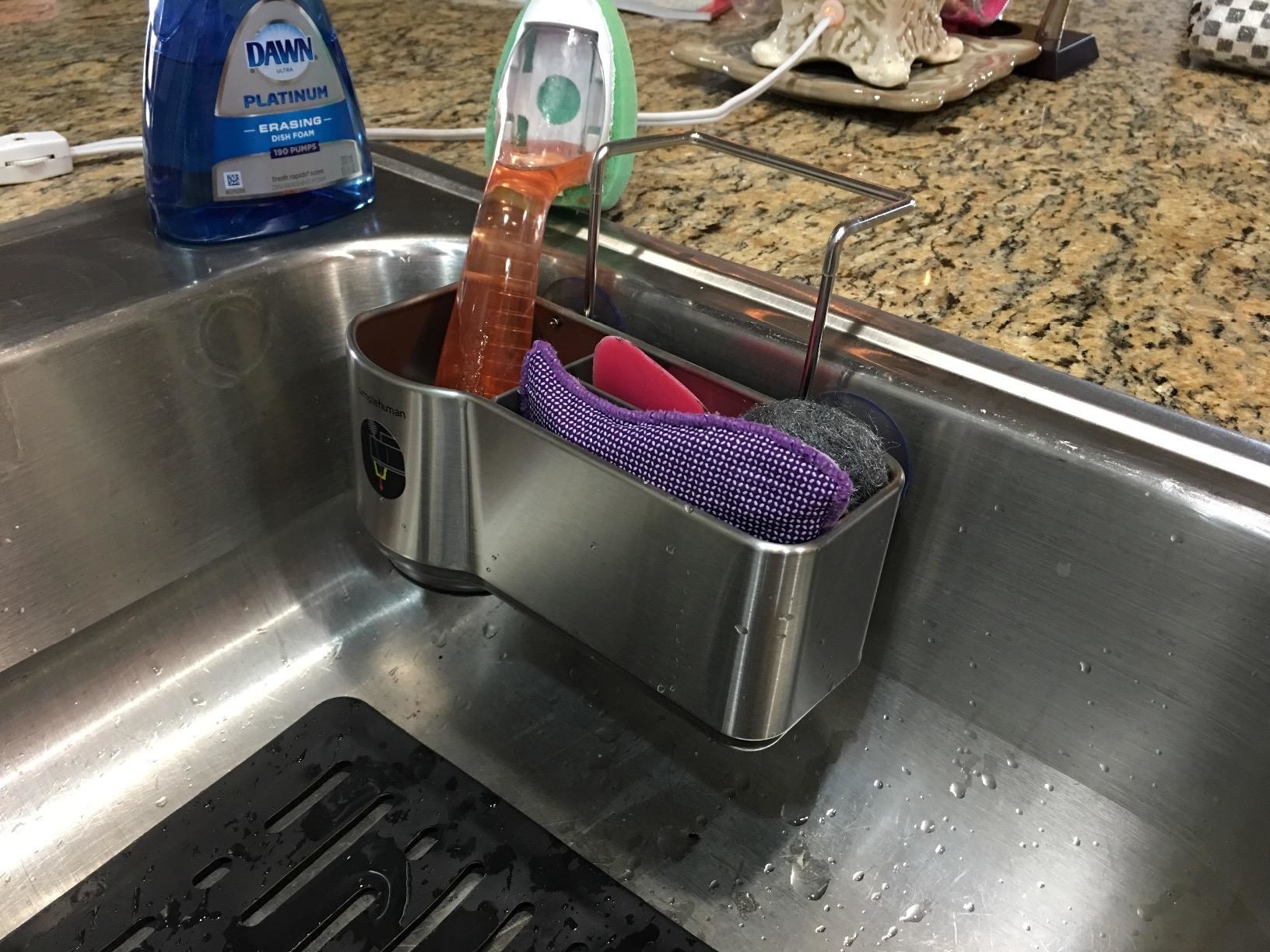 the sink caddy holding sponges and a washing brush