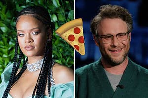 rihanna on the left, seth rogen on the right, and a pizza emoji in the middle