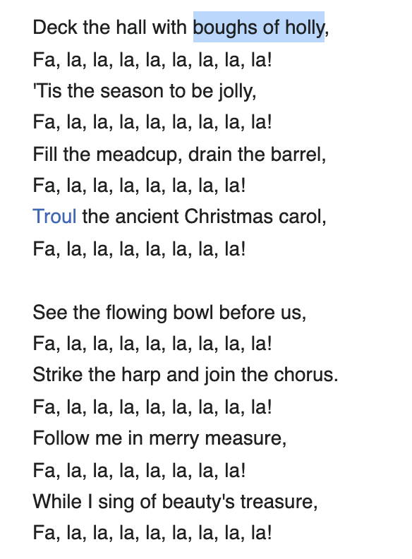 the lyrics to Deck the Halls with &quot;deck the halls with boughs of holly&quot; highlighted