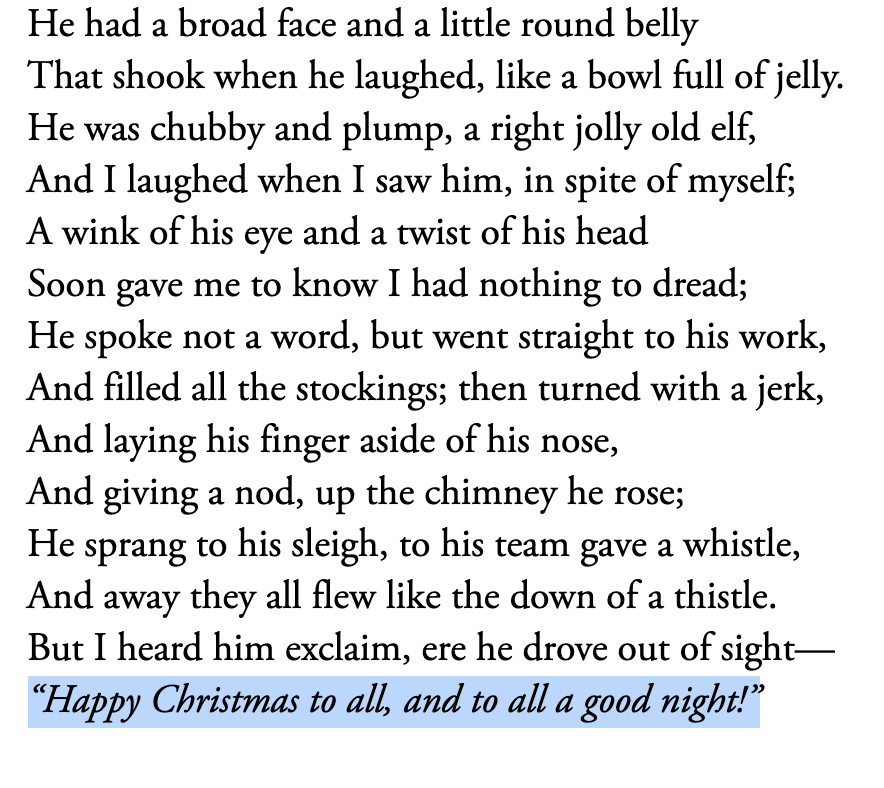 &quot;Happy Christmas to all and to all a good night&quot; highlighted at the end of the poem