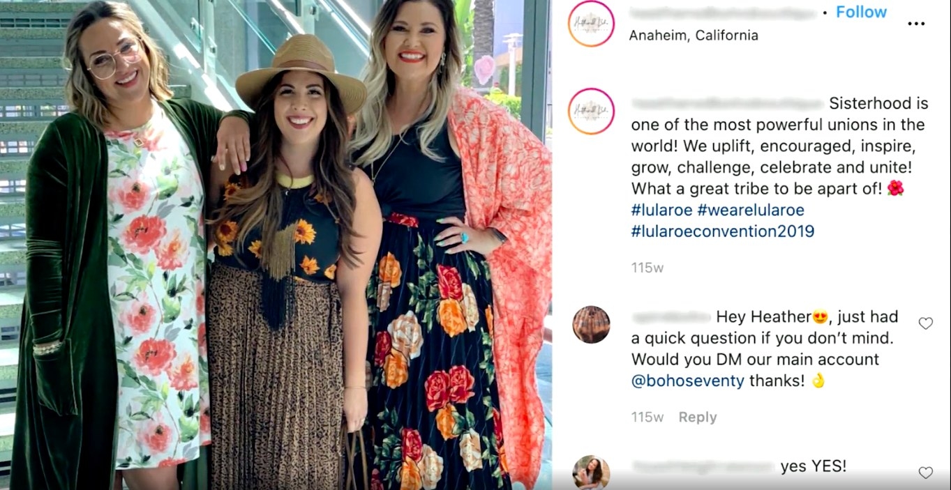 screenshot of instagram post promoting lularoe. username is blurred and text reads &#x27;sisterhood is one of the most powerful unions in the world! we uplift, encourage, inspired, grow, challenge, celebrate and unite! What a great tribe to be a part of&#x27;