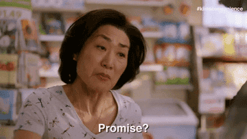a gif of actress Jean Yoon in &quot;Kim&#x27;s Convenience&quot; holding up a pinky and saying &quot;promise?&quot;