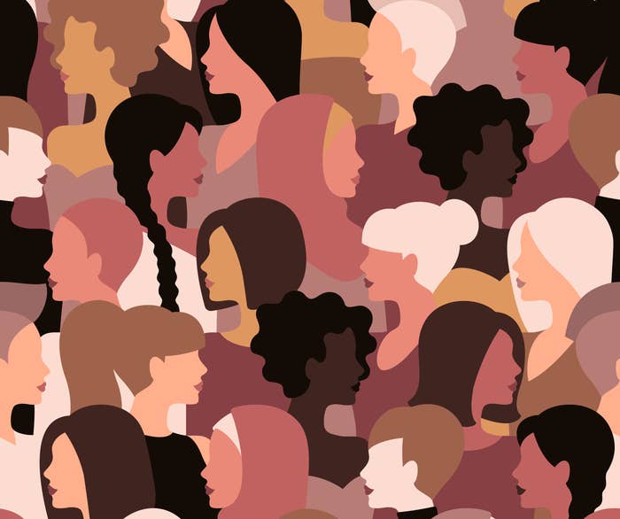 Different nationality, ethnicity and hairstyle girls seamless pattern in vector illustration