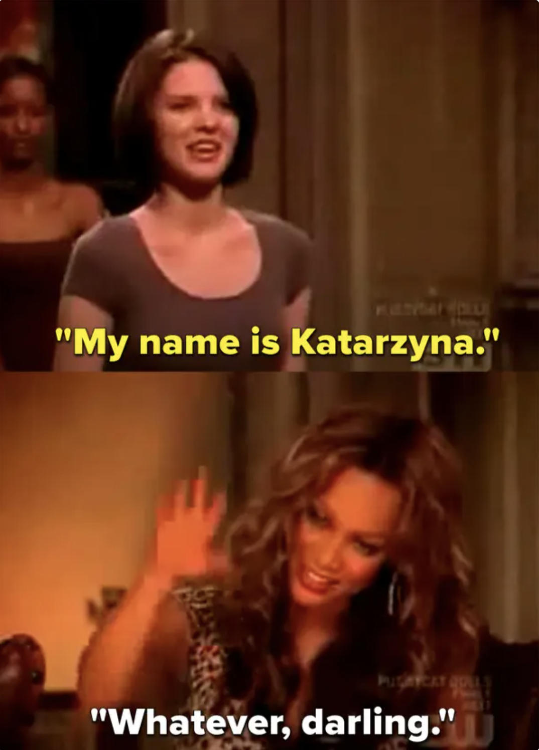 A contestant correcting Tyra on the pronunciation of her name
