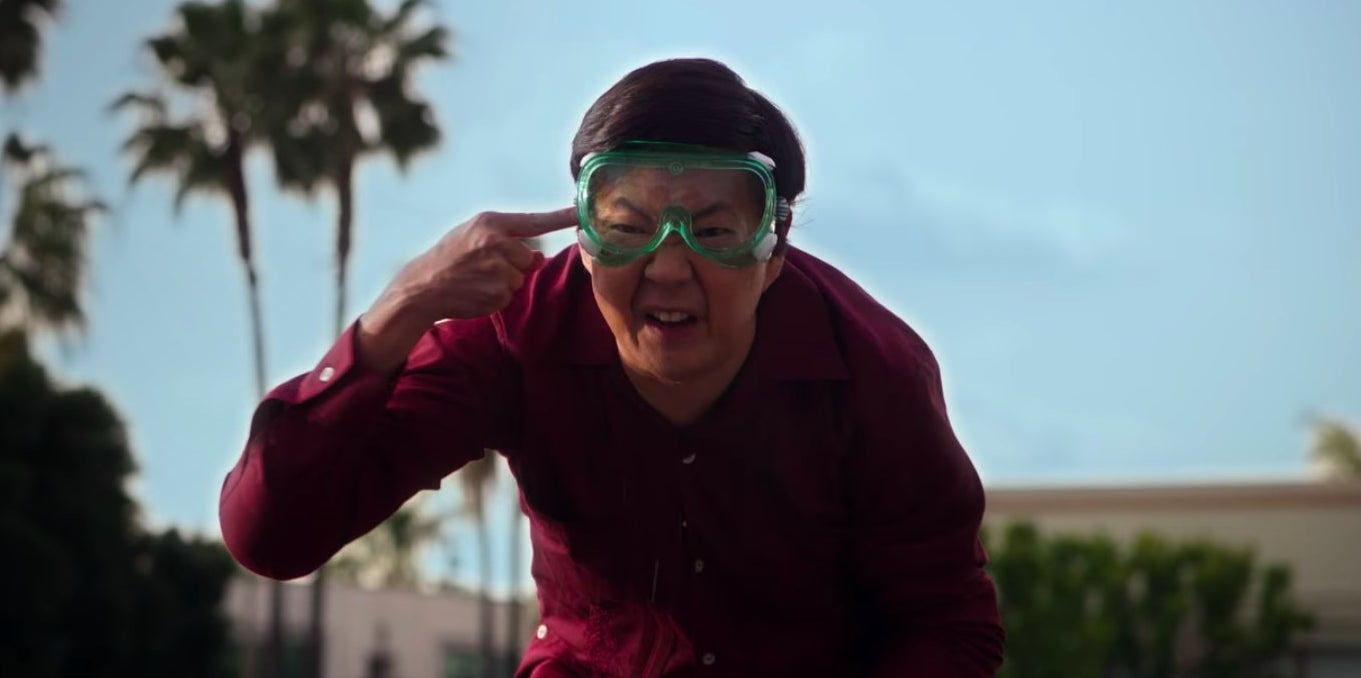 Chang pointing to the safety goggles on his head in &quot;Community&quot;