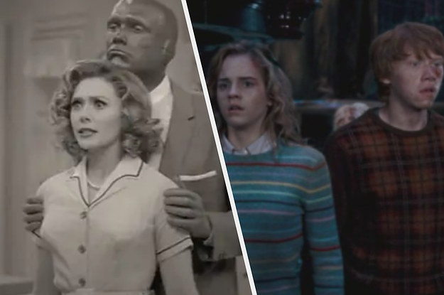 Vision rests his chin on top of Wanda Maximoff's head. And Ron Weasy stands next to Hermione Granger