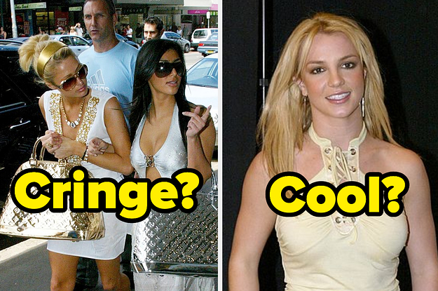 Paris Hilton and Kim Kardashian walking down the street with giant metallic bags next to Britney Spears wearing a halter top