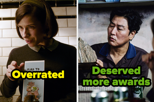 Sally Hawkins pointing at Doug Jones while holding a brochure, Song Kang-ho holding a stone statue