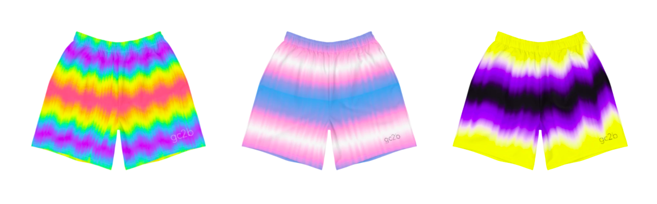 neon rainbow, trans, and nonbinary shorts