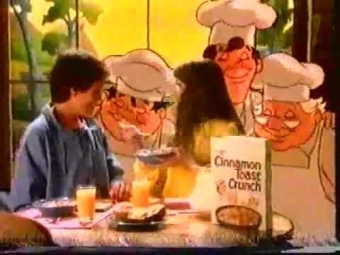 Three cartoon bakers smiling at kids as they eat Cinnamon Toast Crunch