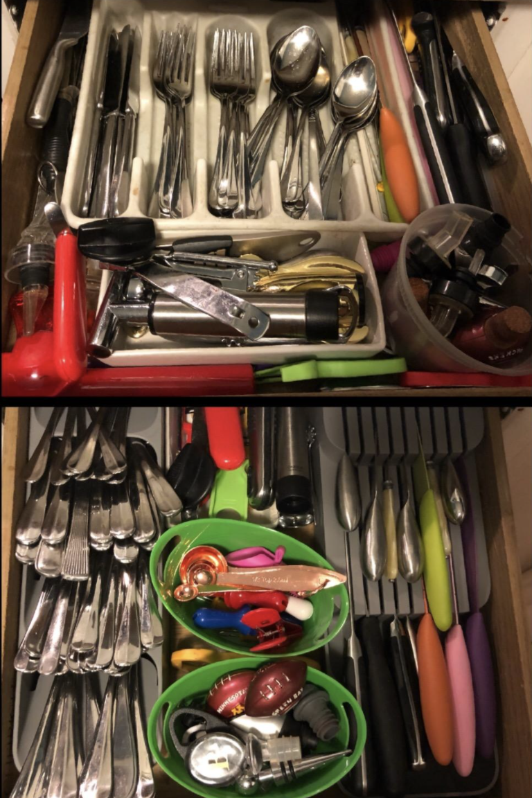 Reviewer photo of cutlery neatly organized and less cluttered than in before pic