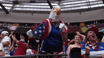 A man wearing an Eagle mask, blue shirt and American flag cheering at a sports game