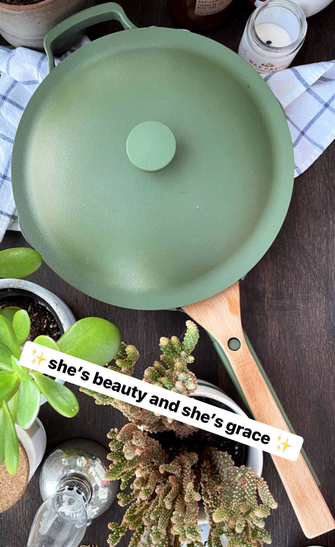 The pan on a window sill surrounded by plants and candles