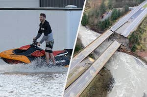 A man on a jet ski on one side and on the other side an overhead photo of a bridge that has been broken because of flooding