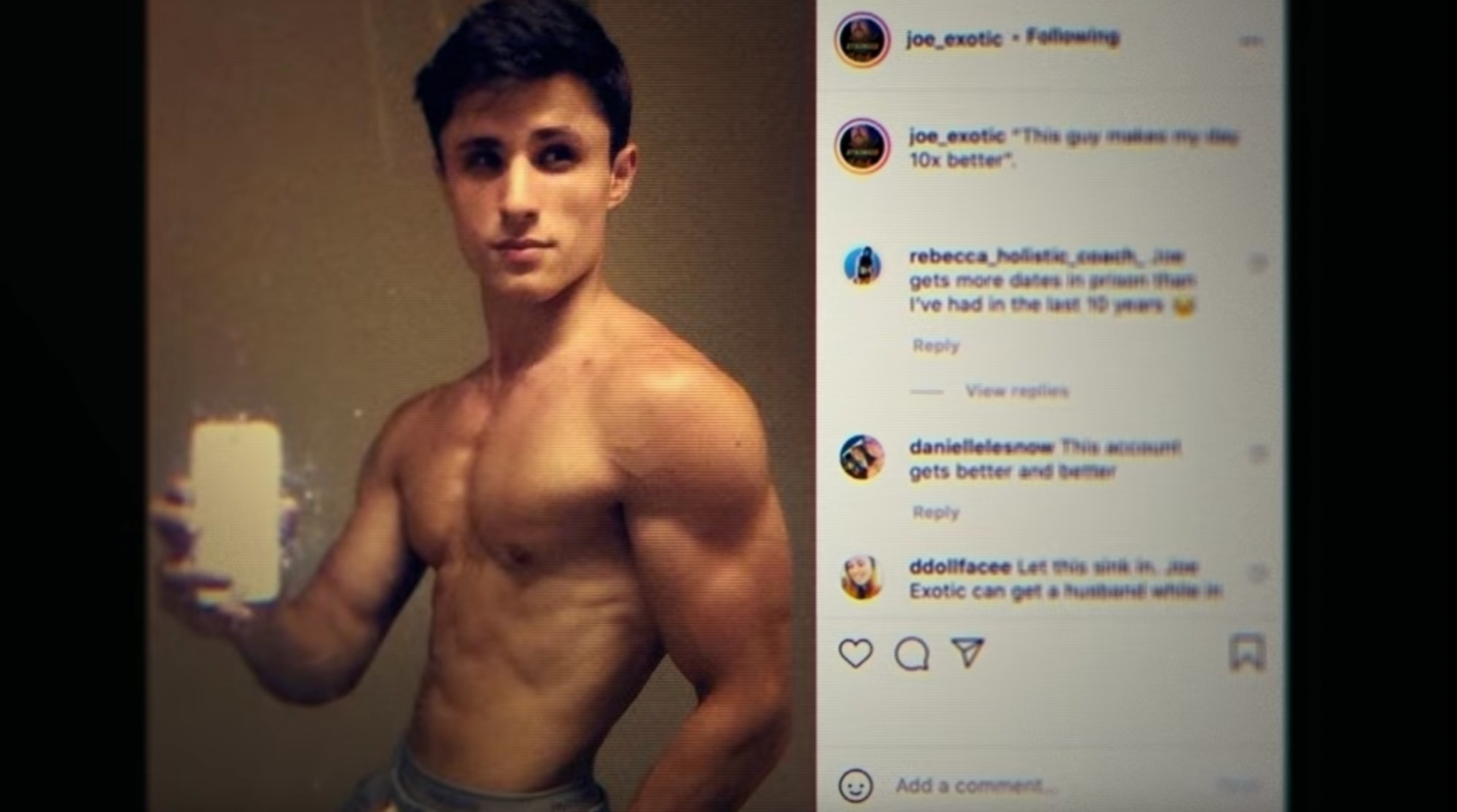 a screenshot from joe exotic&#x27;s instagram – a young muscled man posing for a selfie