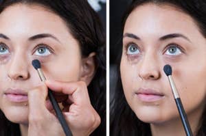 A woman putting on concealer