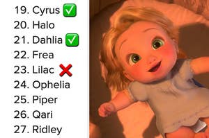a list of trendy baby names on the left and a baby rapunzel on the right