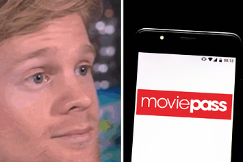 Photo of a guy looking surprised next to a photo of a phone with the MoviePass logo on it