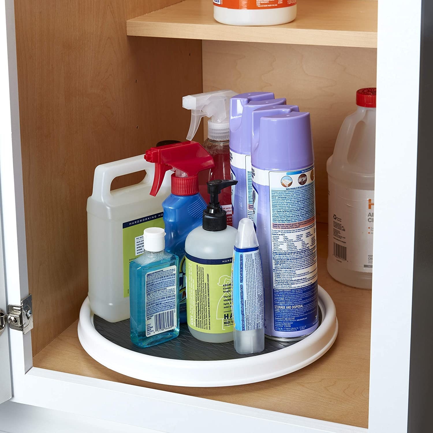 lazy susan with cleaning products on it