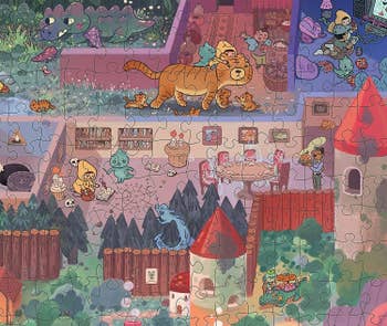 close up of the puzzle showing a little witch doing a spell in castle next to a restaurant and someone riding a tiger