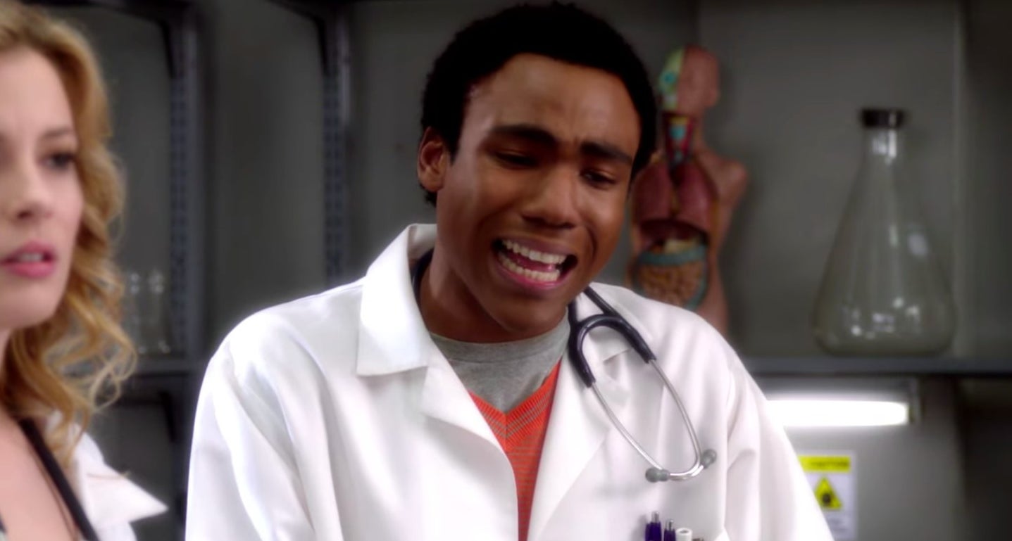 Troy, dressed as a doctor, crying next to Britta in &quot;Community&quot;