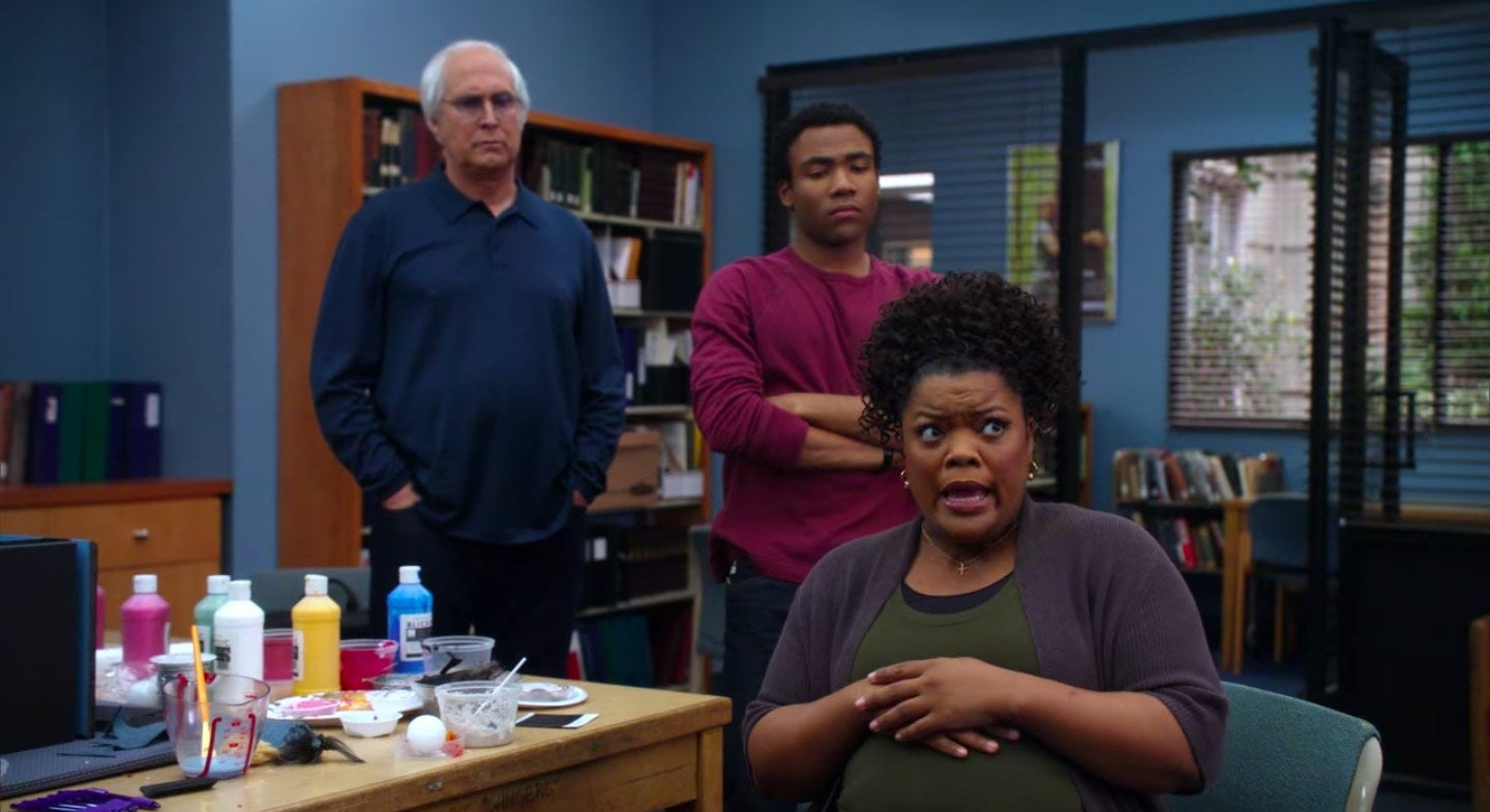 Shirley talking with Troy and Pierce standing behind her in &quot;Community&quot;