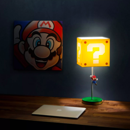 question block lamp shade with mario charm on the pull cord