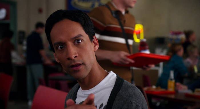 Abed pointing at the camera in the cafeteria in &quot;Community&quot;