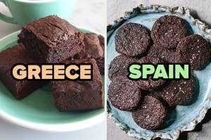 On the left, some brownies on a plate labeled Greece, and on the right, some chocolate cookies on a plate labeled Spain
