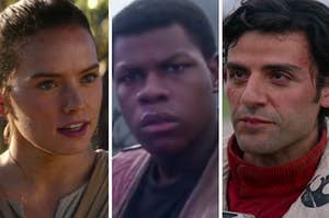 A close up of Rey with her mouth slightly open, a close up of  Finn with his brow furrowed, and a close up of Poe with a cut on his lip
